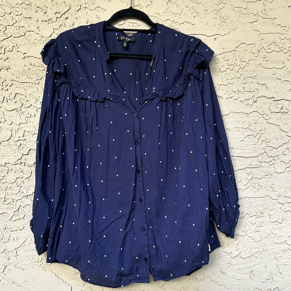 Jessica Simpson Navy Button Down Shirt with White Polka Dots